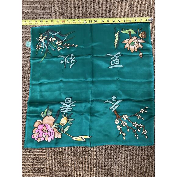 Green Floral Silk Square Scarf Womens Embroidered Nature Satin 100% Silk Spring - Picture 1 of 4